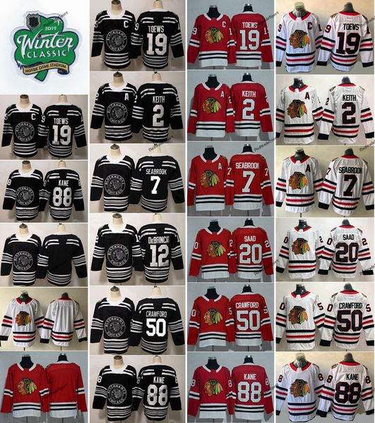 

2019 winter classic 19 jonathan toews 88 patrick kane 2 duncan keith debrincat 7 brent saad corey crawford chicago blackhawks hockey jerseys, Black;red