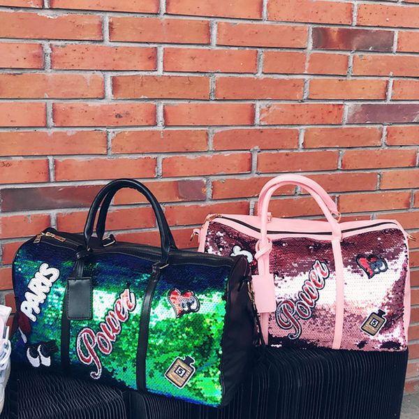 

women men bling sequin handbag leisure large capacity travel luggage bag pu leather organizer tote fashion duffle bags #t1g