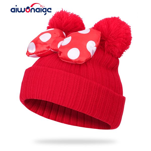 

2019 children bow knot ball knit cap cute boy girl winter hat wearing ear hat cartoon polka dot outdoor warm kids innocent cap, Yellow