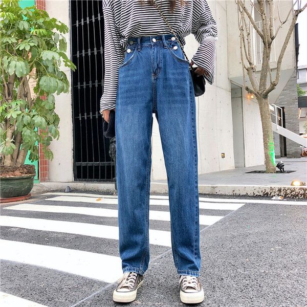 

hzirip 2019 solid autumn blue button women full-length straight high waist jeans denim all-match trousers