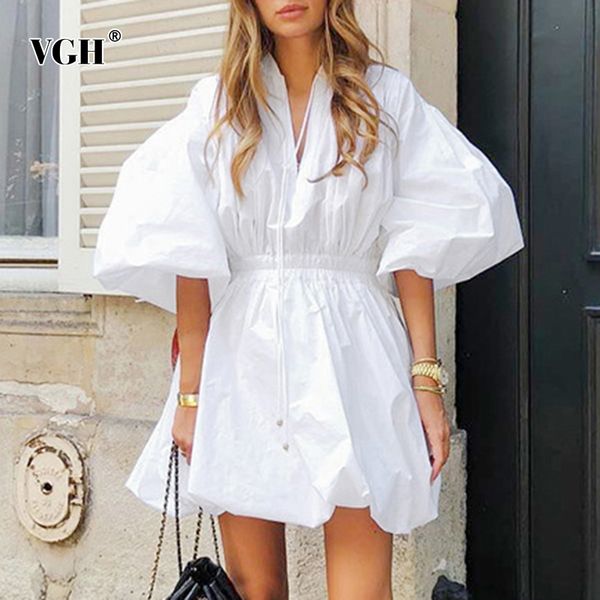 

vgh elegant dresses for female v neck lantern half sleeve high waist ruched loose mini summer dress women fashion 2020 clothes, Black;gray