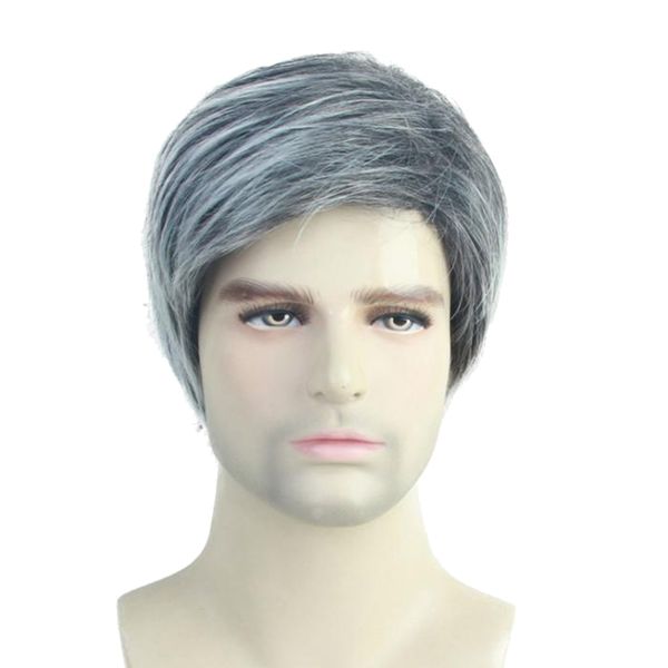 

10'' short straight men's wigs side part synthetic cosplay wig with wig cap, Black