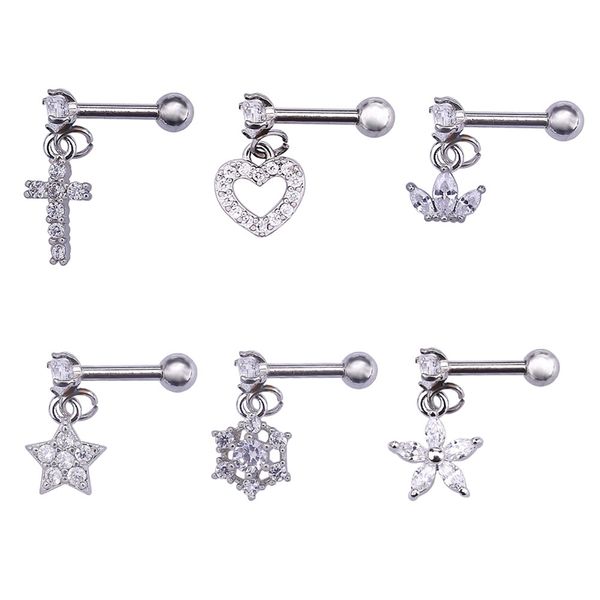 

only 1pcs new flower star cross crown heart cz ear piercing jewelry dangle tragus earring conch stud helix cartilage earring, Slivery;golden