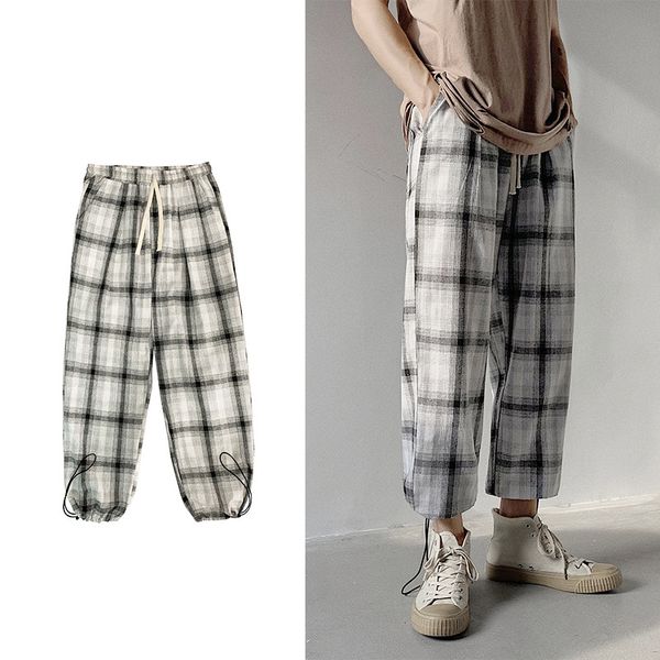 

2020 men's cotton linen material lattice printing casual pants cargo baggy haren pants streetwear 3 color trousers size m-5xl, Black