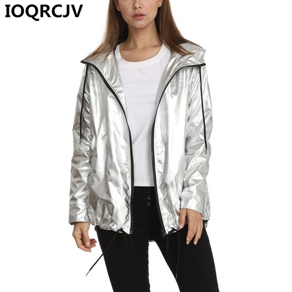 

2019 fashion women's spring autumn jacket long-sleeved gold pvc zipper female windbreaker hooded waterproof bomber jackets r781, Black;brown