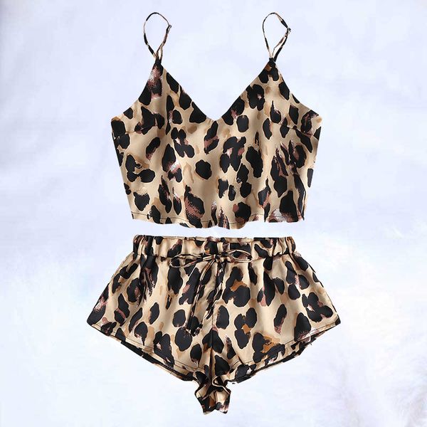 

pajama sets sleepwear women sleeveless spaghetti strap nightwear leopard print satin cami shorts summer pajamas, Blue;gray