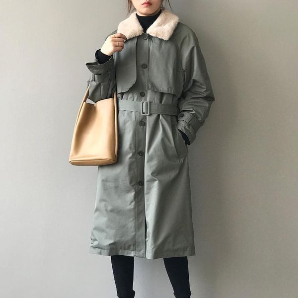 

women's trench coats long hair like windbreaker 2021 winter korean version loose warm coat women and blouses, Tan;black