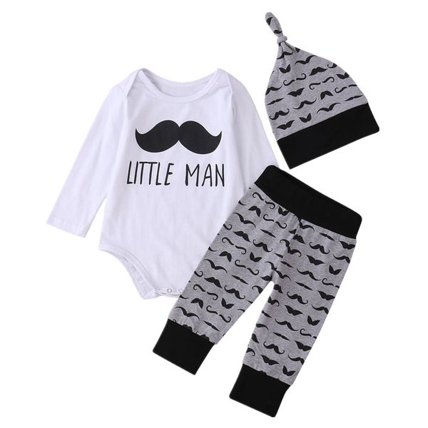 

newborn toddler infant baby boy girl moustache romper pant leggings outfits set 3pcs clothes 0-18m, White