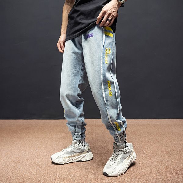 

japanese fashion men jeans loose fit stripe designer denim cargo pants homme harem trousers streetwear spliced hip hop jeans men, Blue