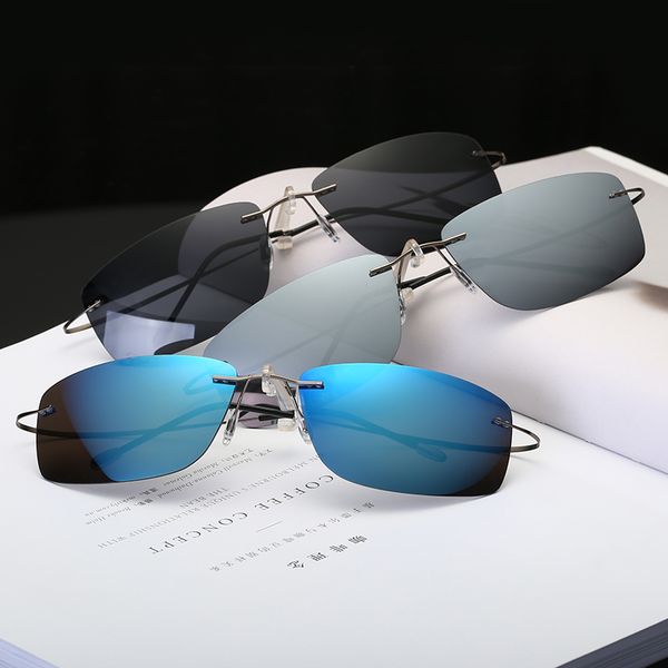 

rimless polarized light sunglasses men super lighted weight titanium arms sunwear black blue polarize women brand ,80, White;black