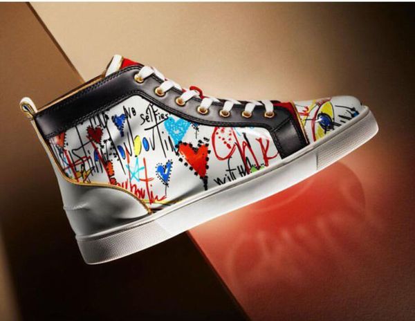 

whoelsale men women genuine leather redsoles sneakers graffiti leather white,black high red bottom sneaker,luxury wedding,party dress