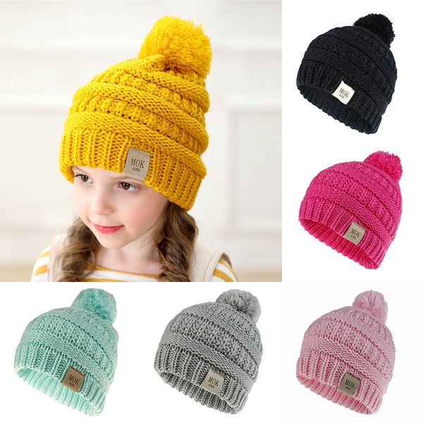 

дети мальчики девочки beanie caps сплошной цвет дети вязание крючком помпонов hat мода зима теплая колпачок аксессуары 11 цветов c936, Yellow