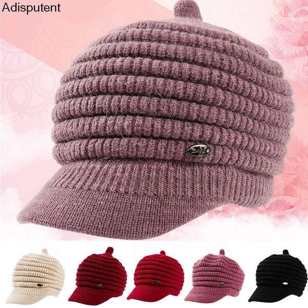 

adisputent women's beret plus velvet thick solid color knitted wool cap hat for women warm knitted hats caps brand new caps, Blue;gray