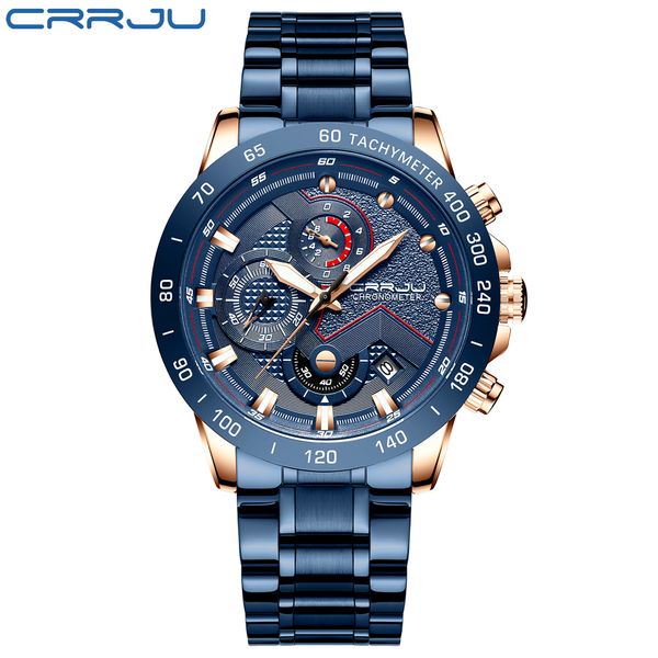 

luxury brand crrju new men watch fashion sport waterproof chronograph male satianless steel wristwatch relogio masculino nice top, Slivery;brown