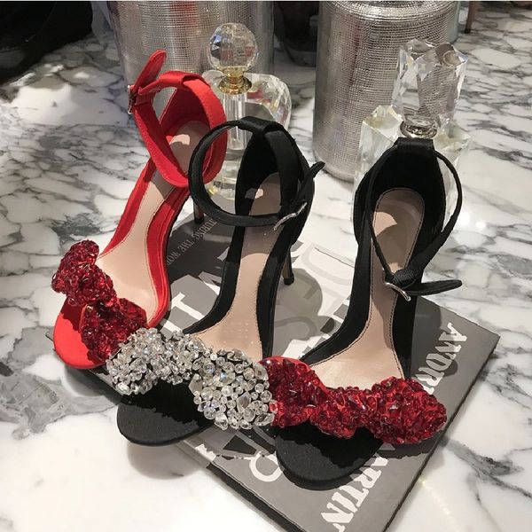 

sew crystals women's gladiator sandals high heels open toe summer shoes woman runway satin rhinestones lady evening party shoes, Black