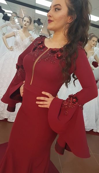 

mermaid burgundy long sleeves elegant evening formal dresses 2019 robe de soiree african party prom dresses long with beads, Black;red