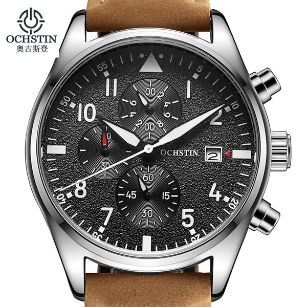 

relogio masculino ochstin watch men business chronograph date luminous wristwatch mens leather quartz watch, Slivery;brown