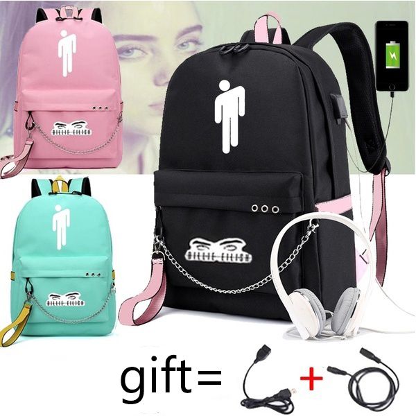 

billie eilish backpack zipper sac a dos usb charging mochila pink bags men anti-theft kpop school bags for teenage girls