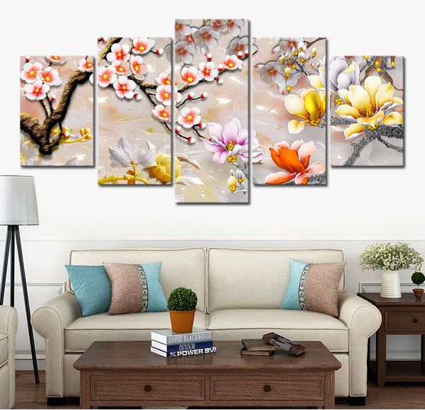 

hd 5pcs/set plum blossom flower art print frameless canvas painting wall picture home decoration (no frames)
