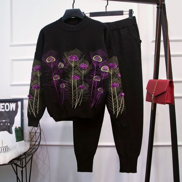 

two piece dress autumn spring pullover set fashion embroidery flower long sleeve knitted sweater + harem pants lady tracksuit, White