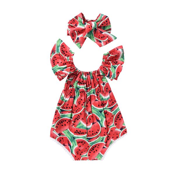 

2019 summer infant baby girls watermelon romper bodysuit jumpsuit outfits sunsuit, White