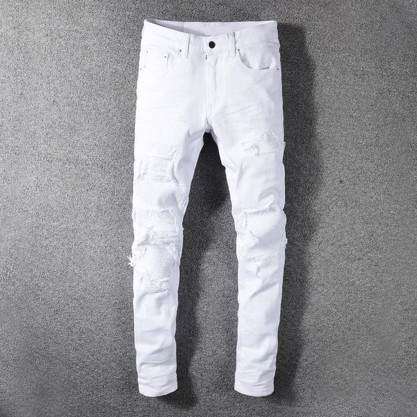 

fashion streetwear men jeans white color slim fit destroyed ripped jeans men patchwork designer elastic hip hop pants, Blue