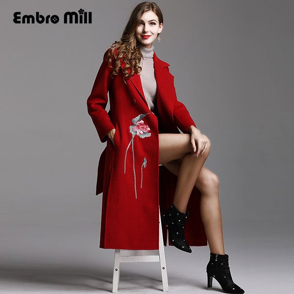 

китайский стиль высокого класса зимние пальто для женщин элегантный цветочный двусторонняя шерстяная вышивка свободные леди пальто m, Black