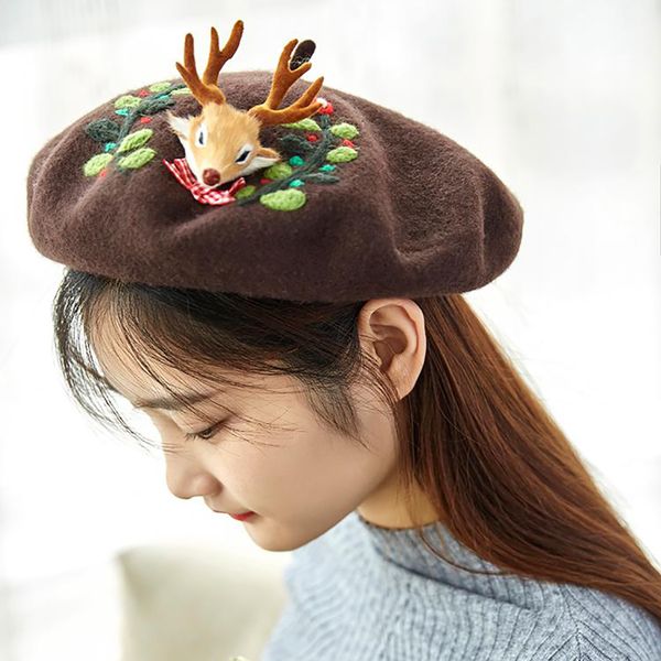 

handmade wool felting lady berets little doe autumn winter warm beret christmas gift cute painter hat birthday present caps new, Blue;gray