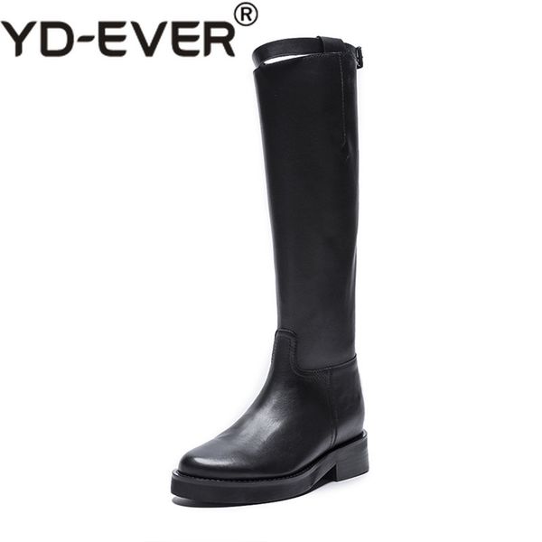 

yd-ever classic women genuine leather buckles knee high motorcycle boots high heels long warm party punk shoes woman boots, Black