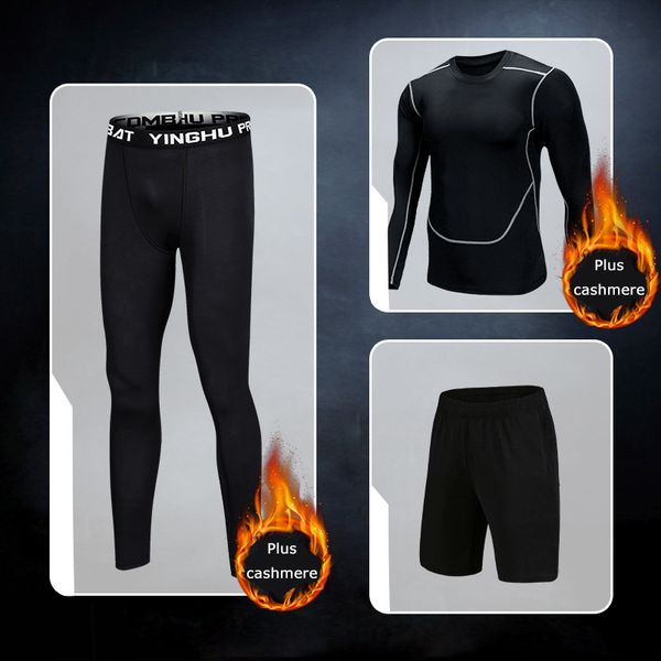 

3pcs/set compression men sport suit plus velvet warm jogging sets tracksuit gym clothes fitness tracksuits exercise running sets, Black;blue