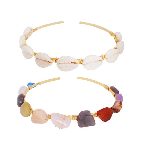 

2 pcs handmade braided colorful stones hairbands imitiation pearl shell headbands summer beach hair bands hair accessories, shel, Golden;white