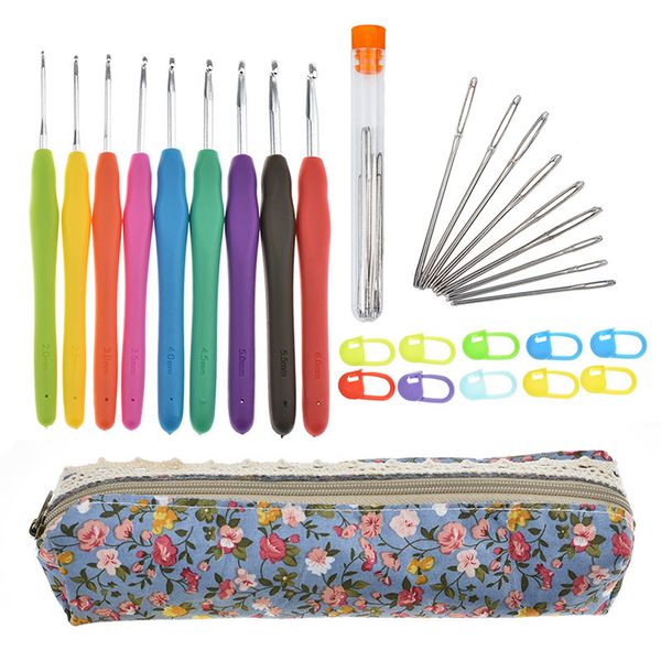 

1set crochet hooks set 2.0-6.0mm soft handle crochet needles yarn weave knitting needles set with bag, Black