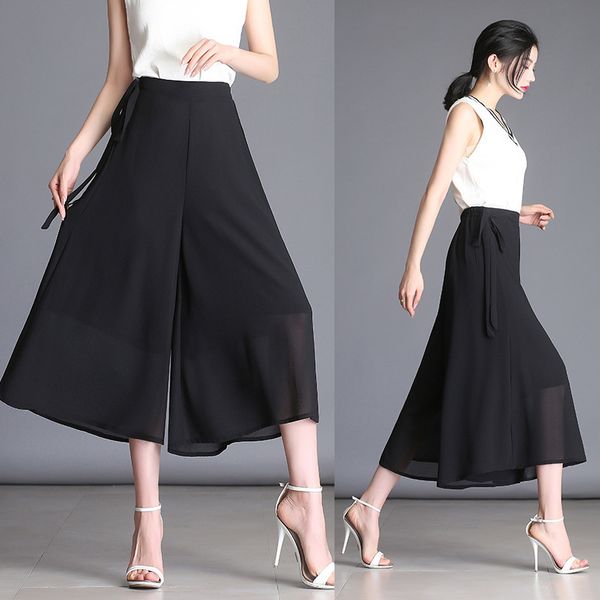 

шифоновые брюки с высокой талией женщина лето sag nine part boleos 2019 pantskirt easy joker culotte, Black;white