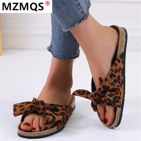 

2020 new ladies beach slippers bow-knot thick bottom sandals leopard pattern outdoor slippers word shoes woman zapatos de mujer, Black