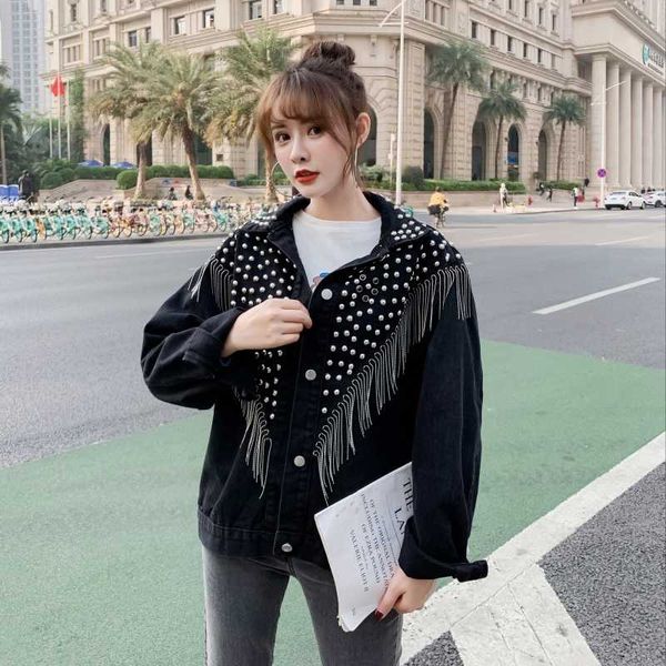 

denim jacket women 2020 fashion tassel rivets jeans coat long sleeve slim fit washed jeans jacket female harajuku jackets 188, Black;brown