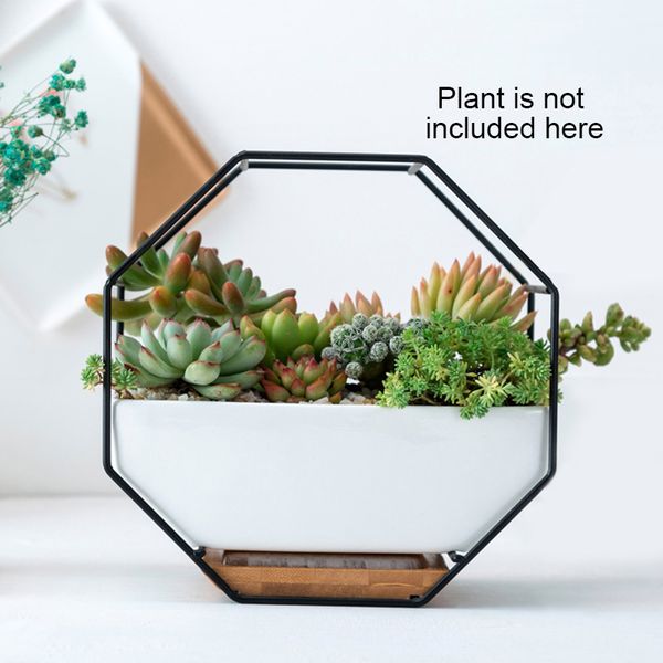 

geometric metal iron rack white ceramic planter pot octagonal geometric wall hanging ceramic flower pot bamboo tray iron frame