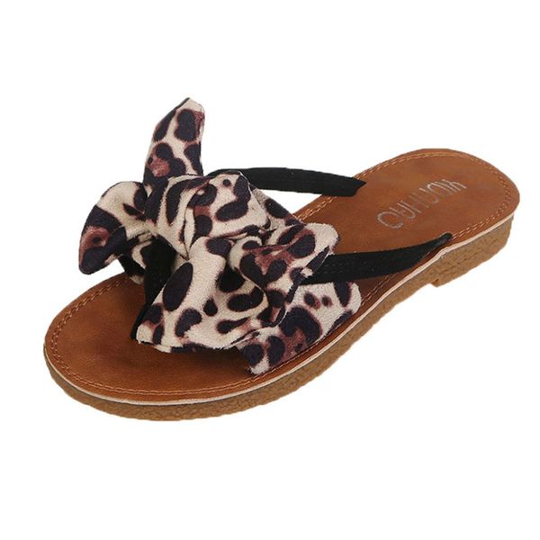 

women summer slippers bow leopard print beach flip flops sandals women slippers flat sandals outdoor on flip flops, Black