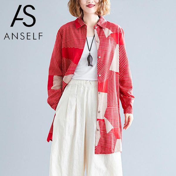 

cotton linen blouse women plus size loose shirts long striped geometrical long sleeve turn-down collar buttons vintage tunic, White