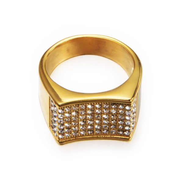 

men's zircon full drill ring gold titanium steel material iced full hip hop rings cz pinky men women crystal ring fashion, Slivery;golden