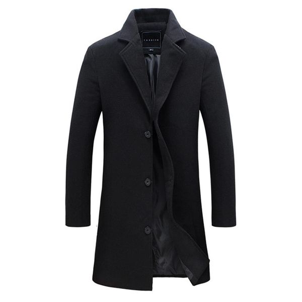 

2019 fashion men's wool coat winter warm solid color long trench jacket male single breasted business casual overcoat parka, Black