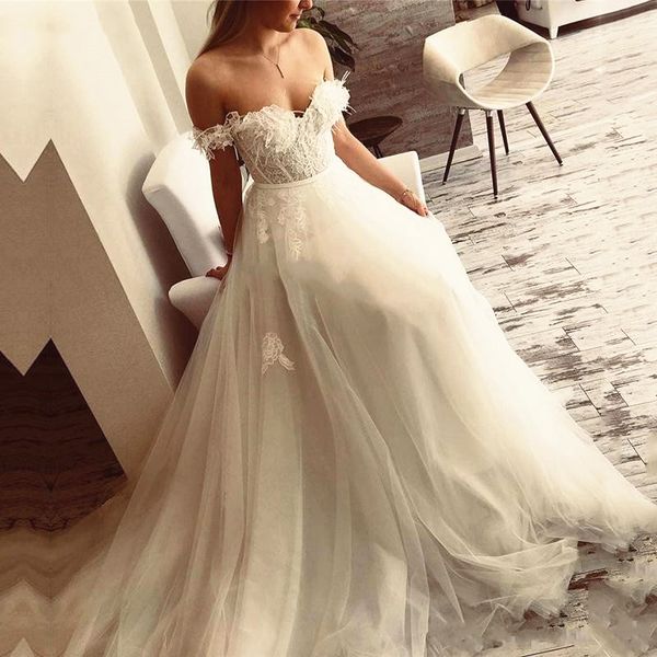 

feather flower appliqued lace boho wedding dresses off shoulder soft tulle bohemian bridal gowns a line vestidos de noiva, White