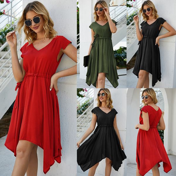 

2020 dress suit-dress solid color round neck short sleeve long fund irregular dress