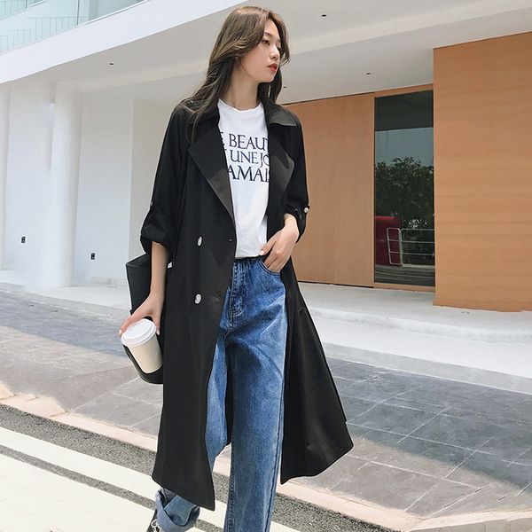 

lanmrem 2019 new fashion autumn high street long slim solid color long sleeve lapel double breasted women's trench coat ai740, Tan;black