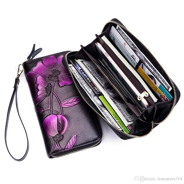 

women leather long wallets lady flowers rfid clutch wallet card holders high capacity casual change purse phone bag bifold bags fx03, Red;black