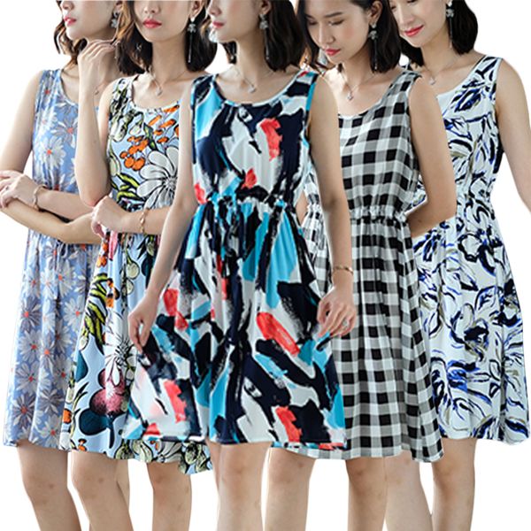 

vadim women vintage dress sleeveless o neck floral a-line mini dresses pleated female casual beach dress summer 2019 vestidos, Black;gray