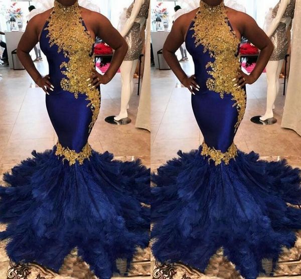 

2019 couture royal blue feather русалка платья для выпускного с золотыми кружевными аппликациями из бисера женщины pageant формальные вечери, Black