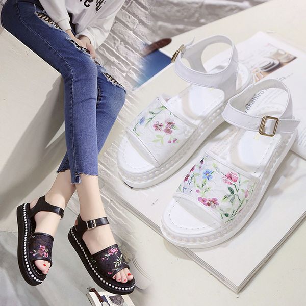 

women's sandals lace flower fashion summer style slip-on flats sandals casual ladies shoes open toe flip flops mujer, Black