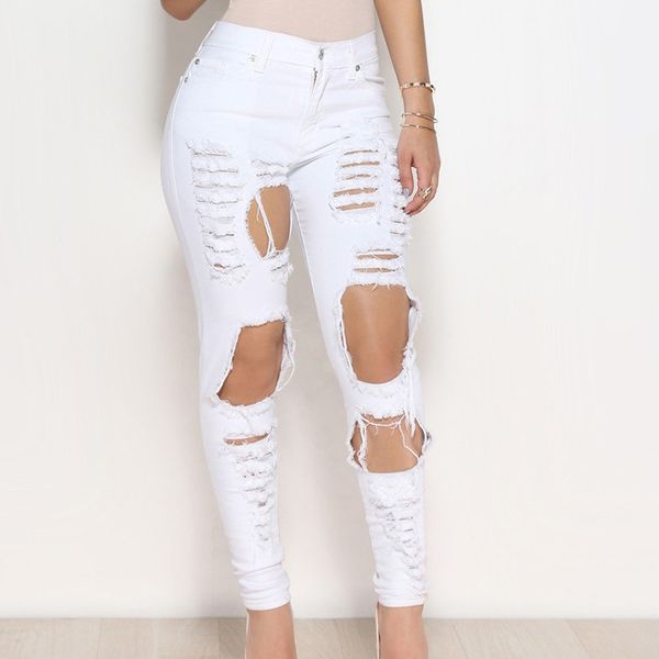 

high waist trim stretch hole tear personality jeans street casual women skinny pencil bleached washed denim pants ripped elastic, Blue