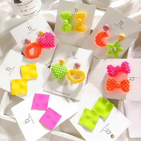

hz 2019 korea exaggeration fluorescent color irregular geometric star moon colorful bow asymmetry stud earrings for women girls, Golden;silver