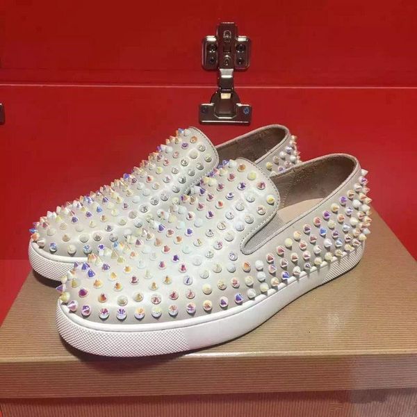 

luxury white spikes low studded spikes casual flats red bottom roller boat for men and women party designer sneakers 04